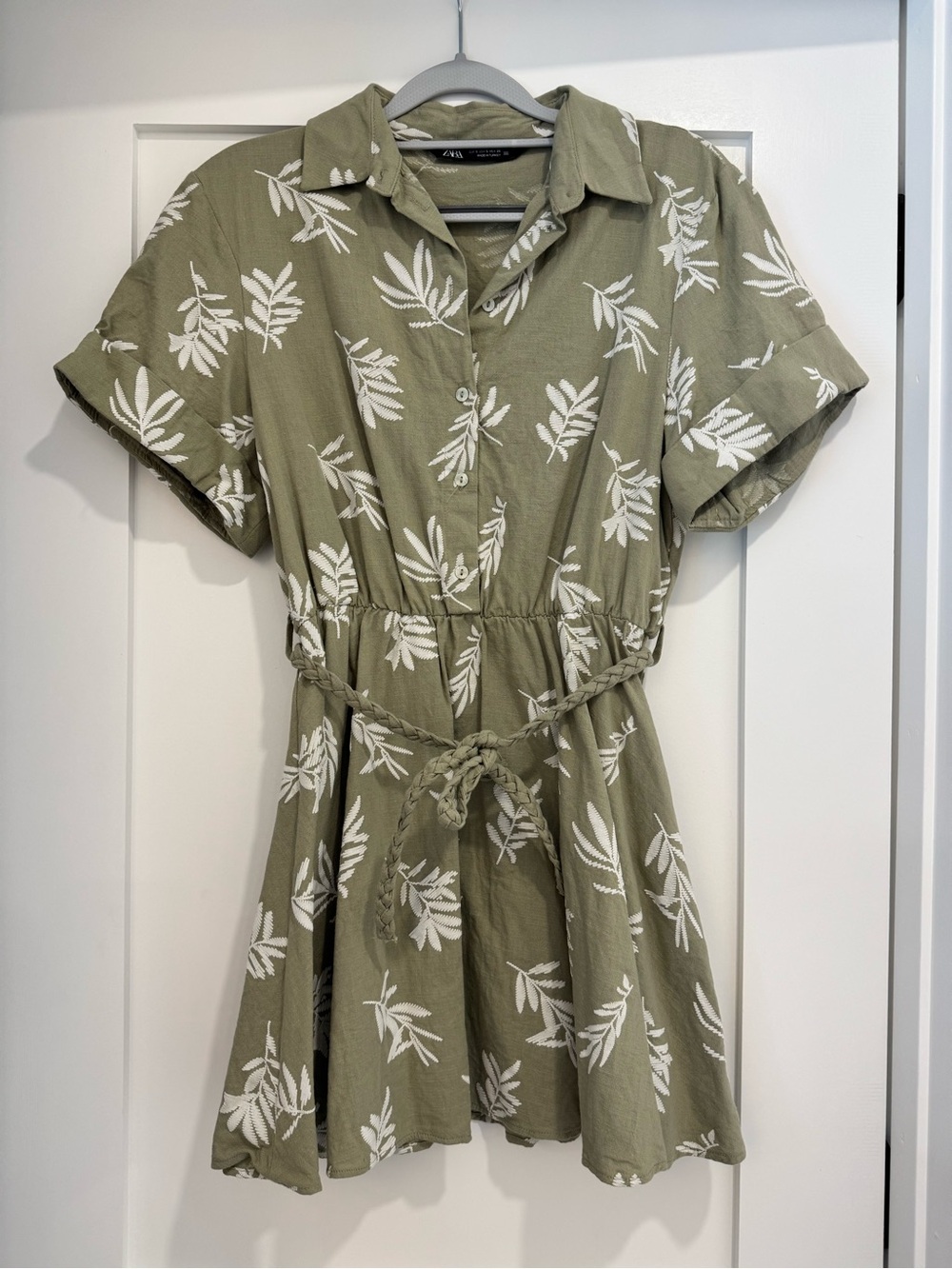 Olive Green Leaf-Print Short Sleeve Shirt Dress